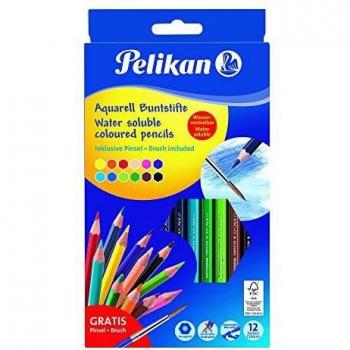 Pelikan Lápices de acuarela con pincel incluido, 12 colores surtidos, color soluble en agua, tambor hexagonal, certificado FSC - 700672