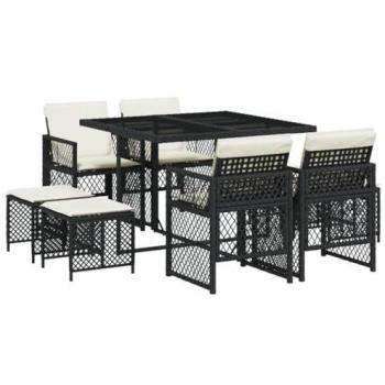 Set de Comedor de Jardín 9 Piezas con Cojines en Ratán Sintético Negro