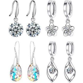 Pendientes Mujer, 4 Pares Plata Mujer Moda Joyería Circonita Cúbica, con diseño en forma de lágrima, Navidad Joyas Regalos Originales