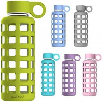purifyou Premium cristal botella de agua con funda de silicona y tapa de acero inoxidable Insertar, 12/22/32 oz, 32 oz, verde pastel