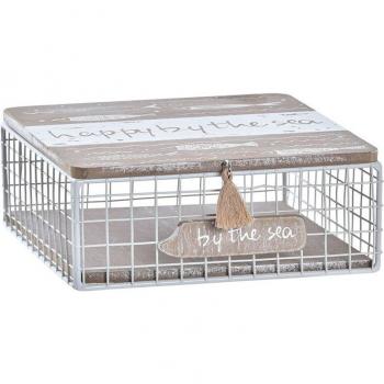 Caja Decorativa Blanco Marrón Madera Metal Aluminio 16 x 16 x 6 cm