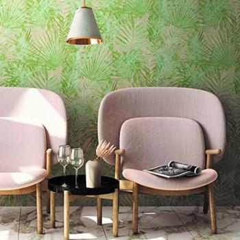 Papel Pintado No Tejido Vida Natural - Diseño de Hojas Tropicales en Verde y Beige, Mate, 10,05 m x 0,53 m