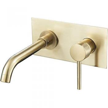 Grifo de lavabo empotrado redondo monomando dorado cepillado con protección PVD oro mate caño 21cm Serie Jucar