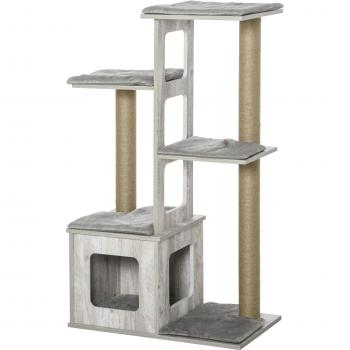 Árbol Rascador para Gatos con Cueva de Madera, Plataformas y Postes de Yute 67x38,5x114 cm Gris