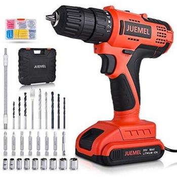 Taladro Atornillador 20V,Accesorios 100pcs JUEMEL Destornillador Inalámbrico batería de 2000mAh con luz LED,36N.m Max Torque 18 + 1 ajuste,Portabrocas Automático de 10 mm