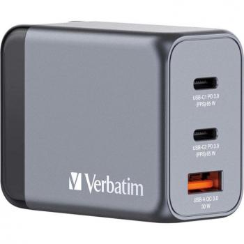 Verbatim GNC-65 GaN Charger 65W with 2 x USB-C PD 65W / 1 x USB-A QC 3.0 (EU/UK/US)