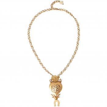 Dolce & Gabbana Gold Brass Sicily Fruits Roses Statement Necklace, Gold Brass Chain Sacred Heart Crystal Charm Necklace, Yellow female, Size: ONE SIZE