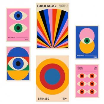 Set de 6 Pósters Geométricos Bauhaus - Ilustraciones de Formas y Ojos para Decoración de Paredes (A3 y A4, Sin Marco)