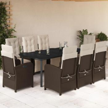 9-Piece Brown Poly Rattan Garden Dining Set with Cushions