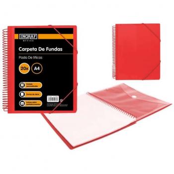 Ingraf carpeta 20 fundas A4 con sobre, polipropileno rígido, espiral plástica indeformable, apertura 360 grados, portada personalizable, color rojo