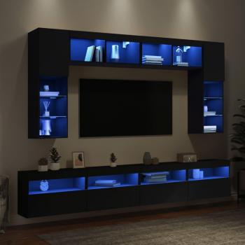 Mueble de TV de Pared 8 Piezas con Luces LED Negro