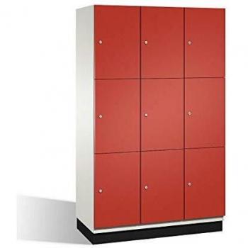 Armario de Compartimentos Bajo Llave Cambio C+P, 3 Departamentos, Color Blanco y Rojo Fuego, Puerta de Acero, Ancho 1200 mm, 9 Compartimentos
