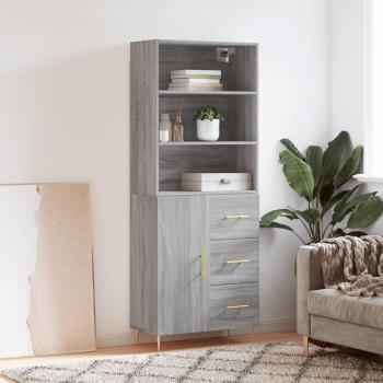 Aparador alto de madera contrachapada gris sonoma 69,5x34x180 cm con 1 puerta y 3 cajones, mueble de almacenaje para salón, buffet y armario auxiliar