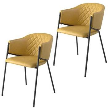 Set de 2 Sillas de Comedor Ocre con Reposabrazos y Estructura Metálica Negra - Modelo Rycher - Acabado en Ecopiel