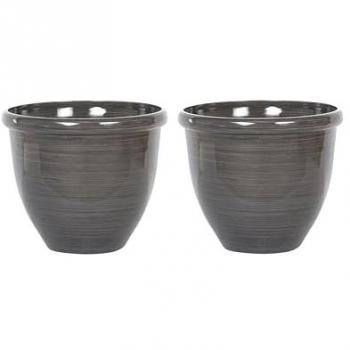 Conjunto de 2 Macetas Redondas de Poliresina Marrón con Acabado Brillante para Exteriores Ø 44 cm Resistente a Todas las Climas