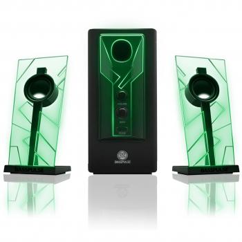 GOgroove BassPULSE 2.1 Altavoces PC Gaming con Luces LED y Subwoofer Activo - Sistema de Altavoces para Juegos en Computadoras de Escritorio, Portátiles, PC 40 Vatios, Graves Pesados ​​- Verde