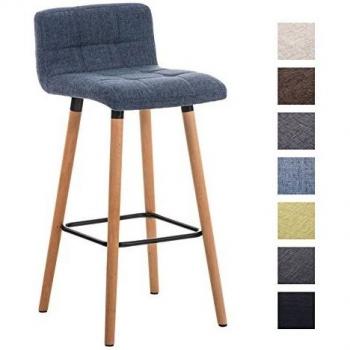 Taburete de Bar Lincoln en Tela Azul con Respaldo y Reposapiés, Base de Madera, Altura de 75 cm