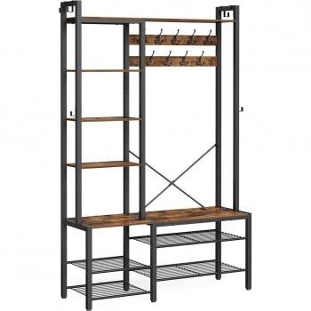 Perchero recibidor con banco zapatero y 5 estantes de almacenaje, 9 ganchos para ropa, dimensiones 40x120x190 cm, color gris piedra y negro tinta, marrón rústico + negro tinta