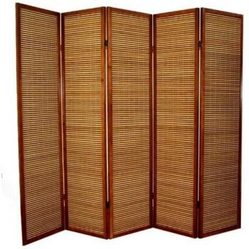 Biombo de madera castaño y bambú de 5 paneles