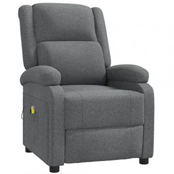 Silla de masaje gris oscuro en tela con características de diseño ergonómico, múltiples funciones de masaje, ajuste reclinable, tapizado en tela suave y resistente, estructura robusta y fácil limpieza
