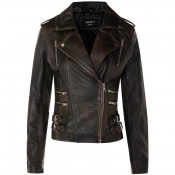 Infinity Leather Women's Vintage Black Biker Jacket UK 22