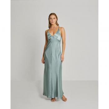 Vestido maxi satinado de escote en V, tirantes y espalda abierta con tirante cruzado y detalle aro para mujer