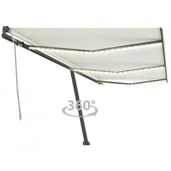 Toldo Retráctil Manual con Luz LED color crema 600x300 cm, resistente al agua y rayos UV, ideal para balcón, jardín y terraza