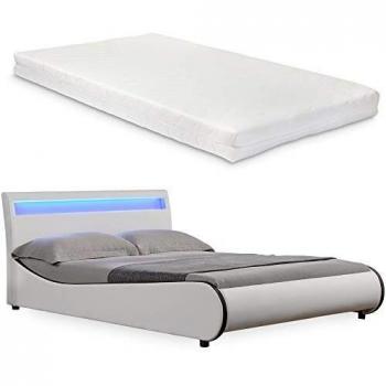 Cama Doble Corium Valencia de Cuero Sintético con Colchón y LED (140x200 cm) - Blanco
