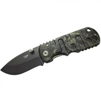 Navaja de bolsillo JKR con mango de aluminio camuflaje, hoja de 6,3 cm, largo total 15,2 cm, modelo JKR473, acero inoxidable 440