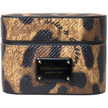 Brown Leopard Calf Leather Logo Plaque Airpods Case