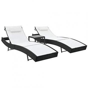 Black Poly Rattan and Textilene Sun Loungers Set with Table (2 pcs)