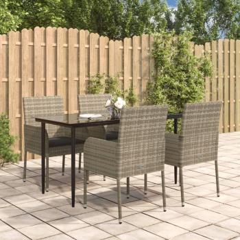 5-Piece Black and Gray Poly Rattan Garden Dining Set with Cushions