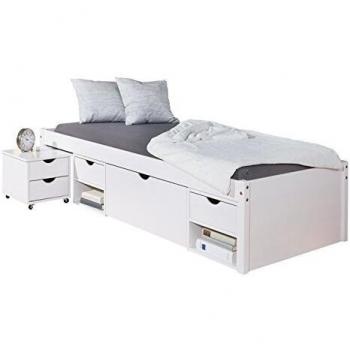 Cama Funcional Till 90x200 con Almacenamiento y Mesita de Noche en Pino Macizo Pintado Blanco