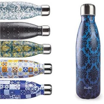Botella termo inoxidable reutilizable Baroque Blue 500 ml de Ibili, Doble pared, Acero Inoxidable 18/10