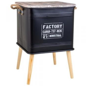 Mesita de Noche Caja de Metal con Tapa y Patas de Madera, Asas de Cuerda Impresa Negra 41x41x61 cm