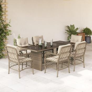 7-Piece Beige Poly Rattan Garden Dining Set with Cushions