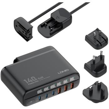 Cargador Rápido LDNIO A6140C 140W con Pantalla, 3x USB-A + 3x USB-C, PD/QC, GaN, Negro