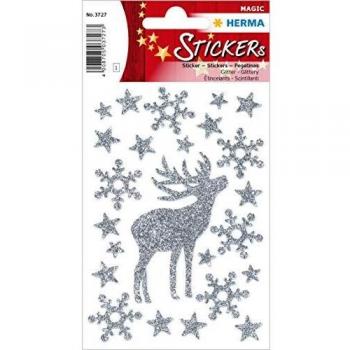 Etiquetas Decorativas HERMA 3727, Renos Glittery para Navidad, 24 Piezas en Hoja de 84x120 mm