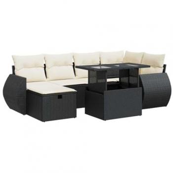 7-Piece Black Poly Rattan Garden Sofa Set with Cushions