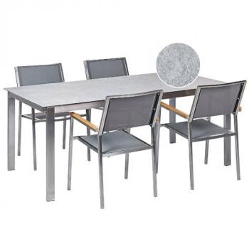 Conjunto de Jardín Moderno 4 Plazas Acero Inoxidable Mesa con Tablero de Vidrio y Sillas Textileno Grises