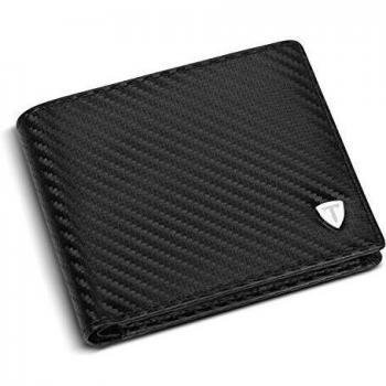 TEEHON Carteras Hombre con Monedero, Cartera Delgada Cuero de Fibra de Carbono con RIFD Bloqueo, 7 Ranuras para Tarjetas, 1 Ranuras para ID, 2 Ranuras para Billetes, 1 Ranuras para Monedas - Negro