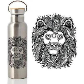 Abataka - Botella de acero inoxidable de 600 ml Tapa de bambú con sello hermético de vacío. Diseño de león y aislamiento de doble pared. Sin BPA. La cantimplora de viaje y camping definitiva
