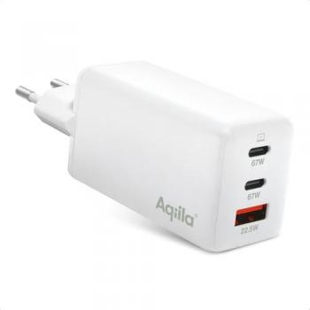 Cargador USB-C Aqiila Chargebird W3, 65W GaN, 2 puertos USB-C, 1 conector USB-A, carga rápida PD y QC 4+, diseño compacto, color blanco