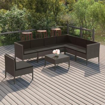 Conjunto de muebles de jardín 8 piezas con cojines de Polyrattan gris