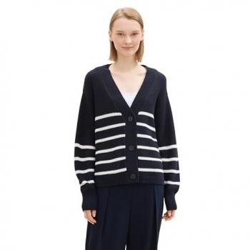 Cárdigan de mujer Tom Tailor de rayas con botones y cuello pico, color azul marino y blanco, talla M
