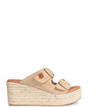 Zuecos de mujer con cuña y cierre con hebilla - Serraje Beige