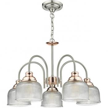 Lámpara colgante Wharfdale de 5 luces en cromo satinado con detalles en cobre y cortinas de vidrio, compatible con bombillas E27