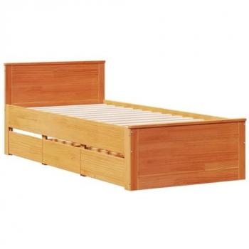 Cama Individual 90x190 cm con Cabecero de Madera Maciza de Pino en color Marrón sin colchón