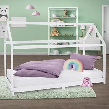Cama Infantil 90x200 cm de Pino Macizo Blanco con Techo y Somier, Diseño Casita para Niños