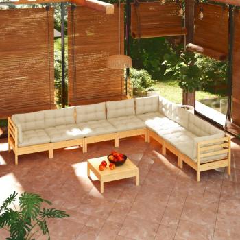 9-Piece Garden Lounge Set with Cream Cushions Solid Pinewood